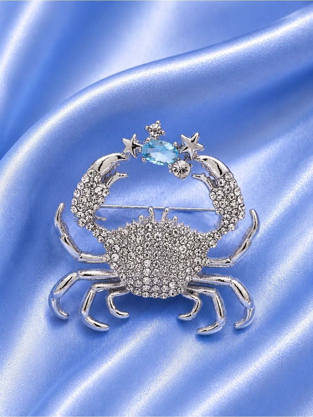 Silver Crystal Crab Brooch with Blue Accent